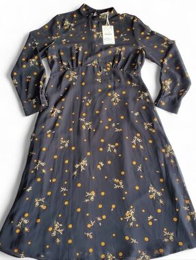 Zara Black Floral & Mustard Polka Dot Long Sleeve Dress- Large